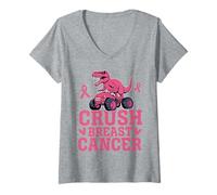 Womens Crush Breast Cancer Pink T-Rex Monster Truck Dinosaur Funny V-Neck T-Shirt
