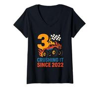 Womens Crushing It Since 2022 Number 3 Monster Truck Birthday V-Neck T-Shirt
