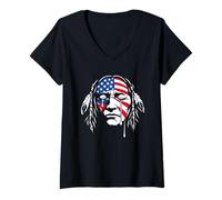 Women's Crying Native American Indian Chief American USA Flag V-Neck T-Shirt