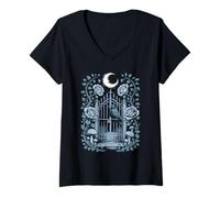 Womens Crypt Keeper’s Garden Gothic Cemetery Gate Raven V-Neck T-Shirt