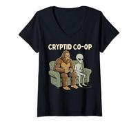 Women's Cryptid Co-Op Sasquatch Bigfoot Alien Playing Video Games V-Neck T-Shirt