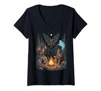 Women's Cryptids Campfire Bigfoot Mothman Forest Camping Legends V-Neck T-Shirt