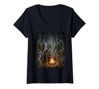 Women's Cryptids Campfire Bigfoot Mothman Forest Camping Night V-Neck T-Shirt