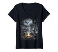 Women's Cryptids Campfire Bigfoot Mothman Forest Lake Legends V-Neck T-Shirt