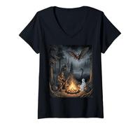 Women's Cryptids Campfire Bigfoot Mothman Lake Monster Night V-Neck T-Shirt