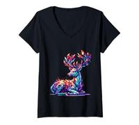 Womens Crystal Deer Geometric Polygonal Animal V-Neck T-Shirt