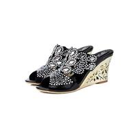 Women's Crystal Rhinestones Slip on, Rhombus Shaped Party Dress Wedge Sandals, Black, 3.5