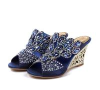 Women's Crystal Rhinestones Slip on, Rhombus Shaped Party Dress Wedge Sandals, Blue, 7.5 UK