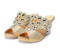 Women's Crystal Rhinestones Slip on, Rhombus Shaped Party Dress Wedge Sandals, Gold, 2.5 UK