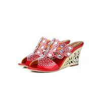 Women's Crystal Rhinestones Slip on, Rhombus Shaped Party Dress Wedge Sandals, Red, 5 UK