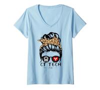Womens CT Tech Messy Bun Hair Funny Leopard Technologist V-Neck T-Shirt