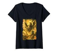 Womens Cthulhu Over Edo Vintage Japanese Ukiyo-e Cosmic Horror V-Neck T-Shirt