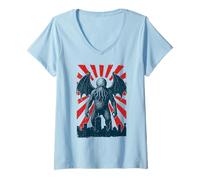 Womens Cthulhu Tokyo Poster, Vintage Eldritch Cosmic Horror V-Neck T-Shirt