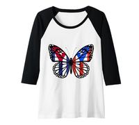 Womens Cuba and Puerto Rico Mix Butterfly Half Cuban Boricua Roots Raglan Baseball Tee