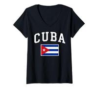 Women's Cuba Arched Collegiate Style Text with National Flag V-Neck T-Shirt