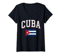 Women's Cuba Arched Varsity Lettering and Cuban National Flag V-Neck T-Shirt