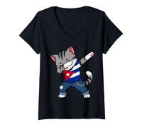 Women's Cuba Flag Cat Dabbing Cuban Roots V-Neck T-Shirt