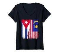 Womens Cuba Malaysia Half Flag Cuban Malaysian Heritage Jersey V-Neck T-Shirt