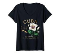 Women's Cuba Mariposa Flower Vintage Botanical Since 1902 Art V-Neck T-Shirt