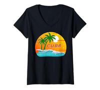 Women's Cuba Palm Trees Caribbean Beach Sunset Sunrise Souvenir V-Neck T-Shirt