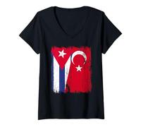 Womens Cuba Turkey Half Flag Turkiye Cuban Turkish Heritage V-Neck T-Shirt