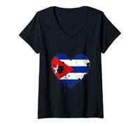 Womens Cuba Vintage Cuban Flag Heart Cuban Roots Cuban Pride V-Neck T-Shirt