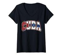 Women's Cuba Vintage Distressed Flag Varsity Style Lettering V-Neck T-Shirt