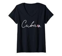 Women's Cuba White Cursive Script with Patriotic Cuban Flag Heart V-Neck T-Shirt