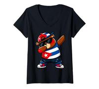 Womens Cuban Dabbing Bear Cuba Flag Boy Kids Hispanic Heritage V-Neck T-Shirt