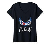 Womens Cubanita Heart with Angel Wings in Cuban Flag Colors V-Neck T-Shirt