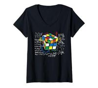 Womens Cube Magic with Math Equations Retro Nerdy Rubik V-Neck T-Shirt