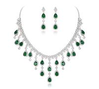 Women's Cubic Zirconia Gorgeous Water Drop Dangle Necklace Earrings Set Silver-Tone