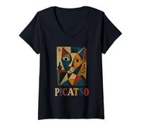 Women's Cubist Cat Art PICATSO Abstract Feline Design V-Neck T-Shirt