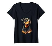 Womens Cubist Rottweiler Dog Portrait Design V-Neck T-Shirt