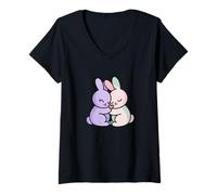 Women's Cuddly Easter Bunny Couple Pastel Heart Line Art - Cute Love V-Neck T-Shirt