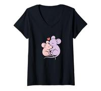 Women's Cuddly Mouse Couple Heart Line Art - Cute Animal Love V-Neck T-Shirt