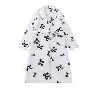 Women's Cuddly Plush Dressing Gown with Bow Pattern - Long House Coat with Shawl Collar and Belt | Soft Dressing Gown for Maximum Cosiness, Style_n01 White, M