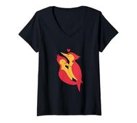 Women's Cuddly Woodpecker Couple Heart Line Art - Cute Forests Love V-Neck T-Shirt