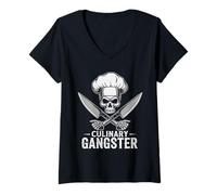 Womens Culinary Gangster Chef Skull Cooking Design V-Neck T-Shirt