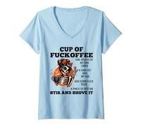 Womens Cup of Fuckoffee One Splash of No One Cares A Dash Skeleton V-Neck T-Shirt