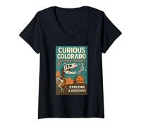 Womens Curious Colorado Shirt Dino Fossil Science Space Discover V-Neck T-Shirt