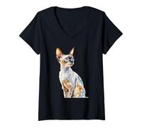 Women's Curious Devon Rex Cat Feline Art Design V-Neck T-Shirt