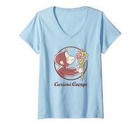 Womens Curious George Flower Bouquet Poster V-Neck T-Shirt