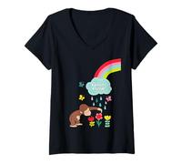 Women's Curious George Rainbows and Flowers Spring Fun V-Neck T-Shirt