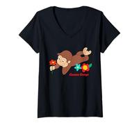 Women's Curious George Spring Flower Fun V-Neck T-Shirt