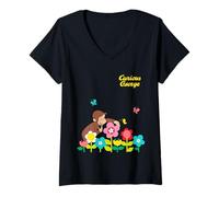 Women's Curious George Spring Flower Garden Fun V-Neck T-Shirt
