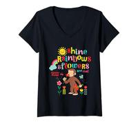 Women's Curious George Sunshine Rainbows & Flowers V-Neck T-Shirt