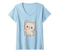 Womens Curious Kawaii Cat Artwork. Minimal Pet Design. V-Neck T-Shirt