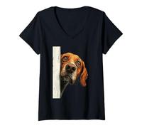 Women's Curious Peeking Hound Dog Art V-Neck T-Shirt