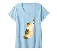 Womens Curious Persian Cat Reaching Monarch Butterfly Nature Lovers V-Neck T-Shirt